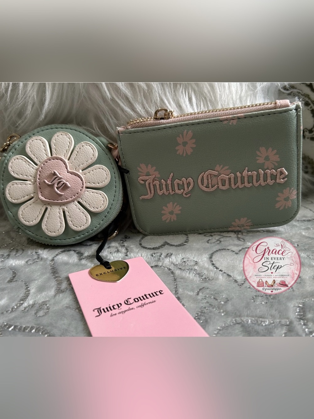 NWT Juicy Couture MINI Mint & Pink Floral Zip Coin Pouch Set